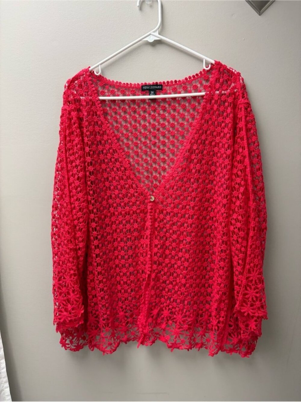 Nina Leonard Women’s Pink Crochet Knit Button Up Cardigan